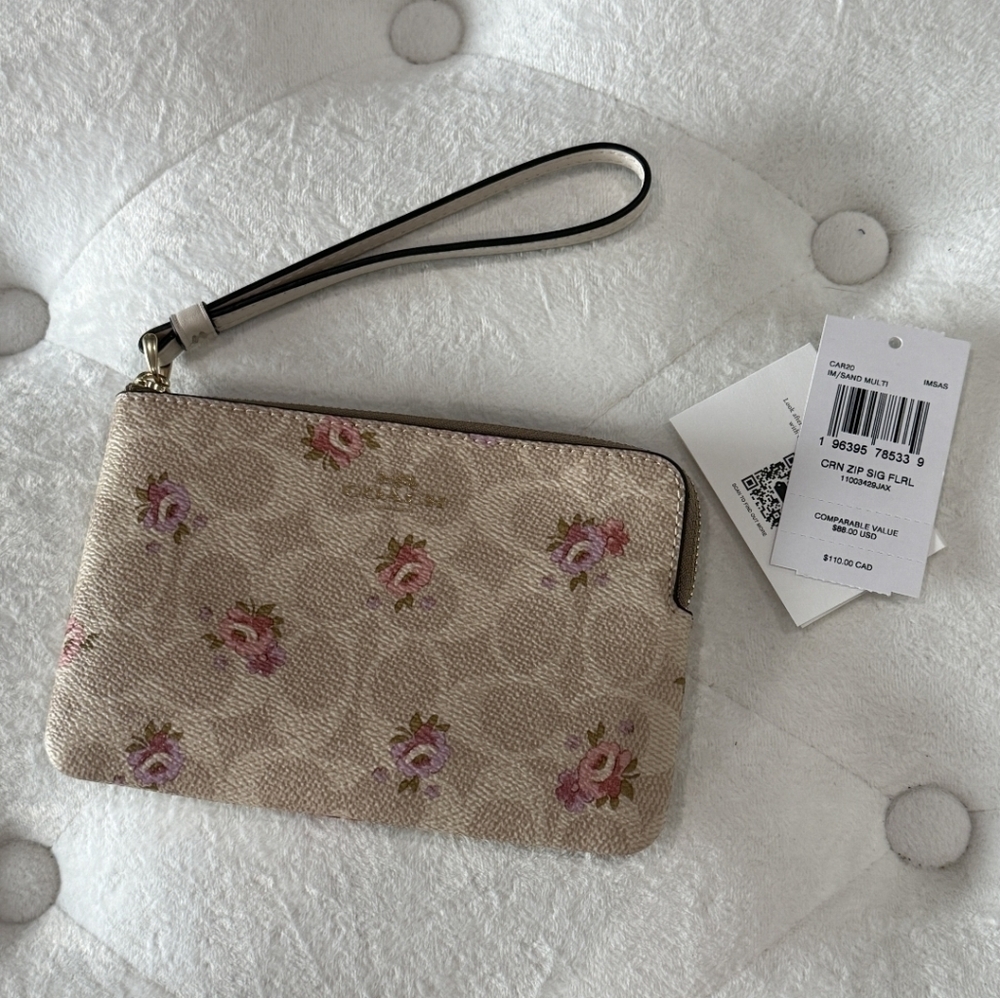 Coach Floral Print Signature Canvas Corner Zip Wristlet